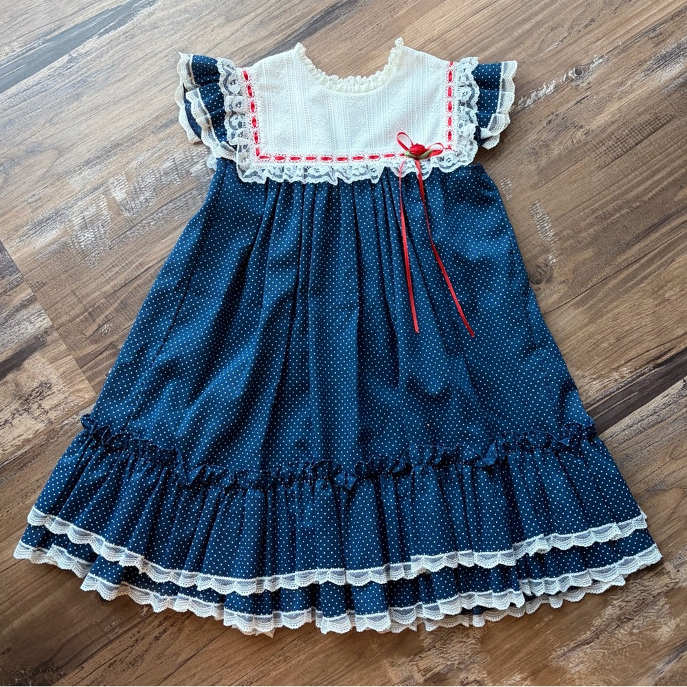 Vtg Bryan navy blue & white twirl dress polka dots lace red ribbon ruffle Sz 5